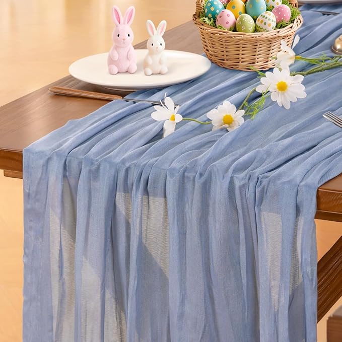 Socomi Dusty Blue Summer Cheesecloth Table Runner Boho Rustic Gauze 120 inch 10FT Cheese Cloth Sheer Runner for Wedding Party Baby Shower Birthday Home Decor Holiday Decorations