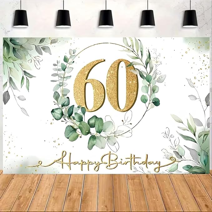 Happy 60th Birthday Backdrop Gold 60th Sign Design Eucalyptus Olive Green Birthday Decorations Gold Dots Greenery Succulent Background for Women Men Birthday Supplies (C, 6X4FT)