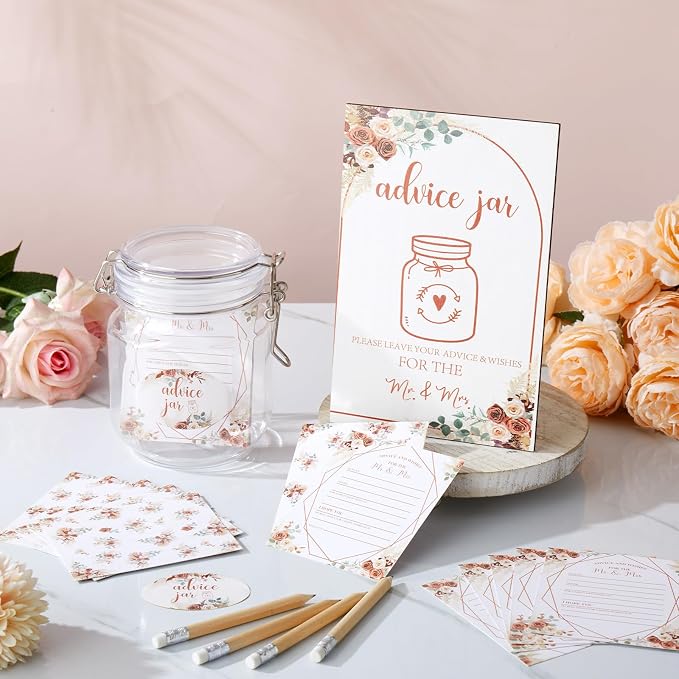 Jetec 74 Pcs Advice and Wishes for the Mr and Mrs 60 Pcs Wedding Advice Cards Advice and Wishes Jar Box Bridal Shower Advice and Wishes Cards for Bride and Groom Bridal Shower Decor(Boho)