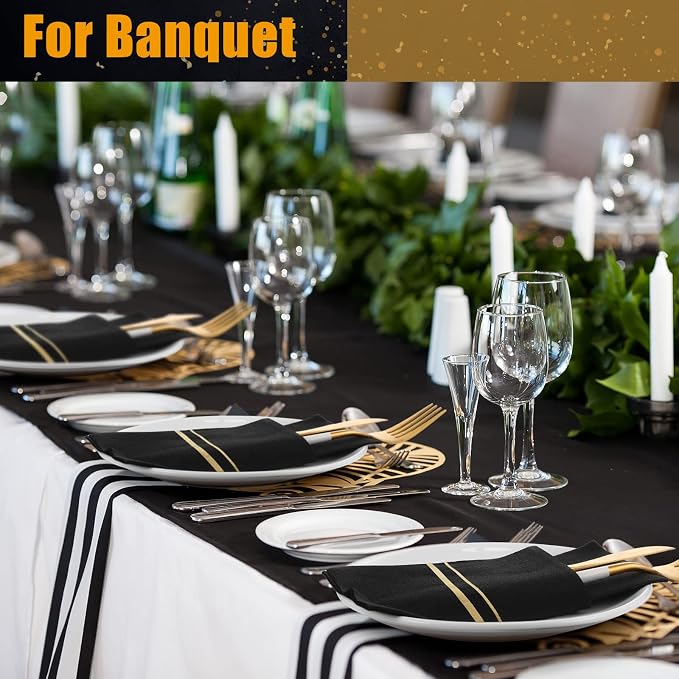 Roshtia 50 Pack Dinner Napkins Disposable Linen Feel Dinner Napkins with Built-in Flatware Pocket Gold Trim Lined Pre Folded Paper for Wedding Party (Black,Gold)