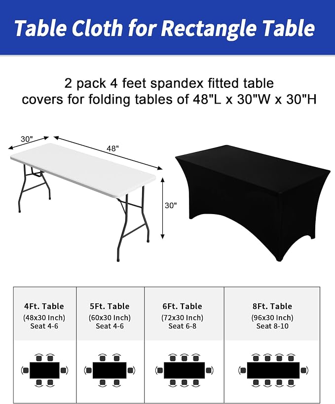Fixwal Black Stretch Table Cloth Rectangle 2 Pack 4Ft, Spandex Fitted Table Covers Washable for Party, Trade Show, Banquet, Wedding, Buffet