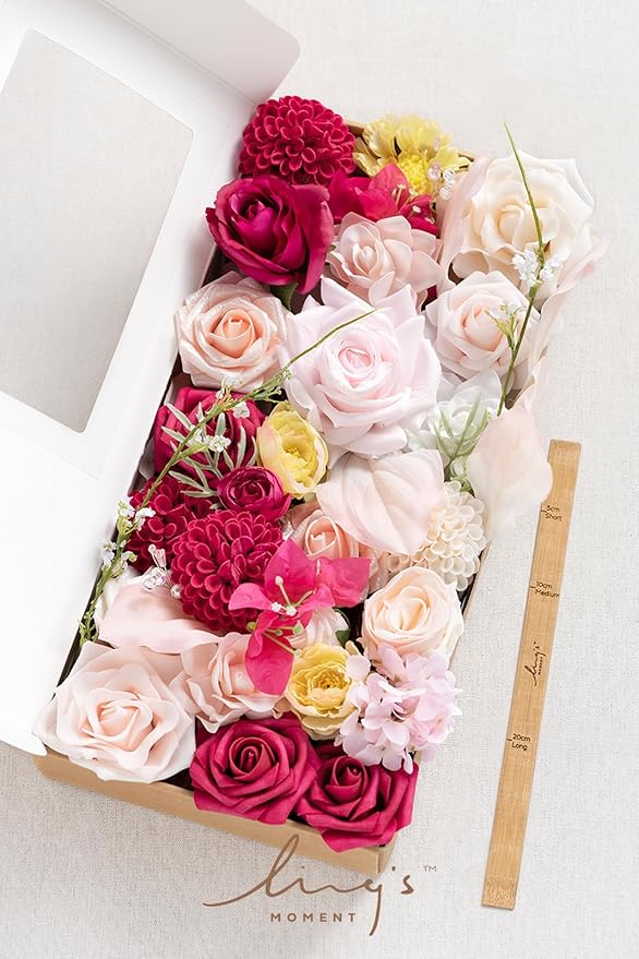 Ling's moment Fake Flowers Box, Faux Artificial Greenery Stems Foam Dahlia Gardenia Roses Silk Hydrangea Ranunculus Fabic Flower for Centerpieces Bouquet Wedding Vase, Hot Pink & Blush, Deluxe Combo