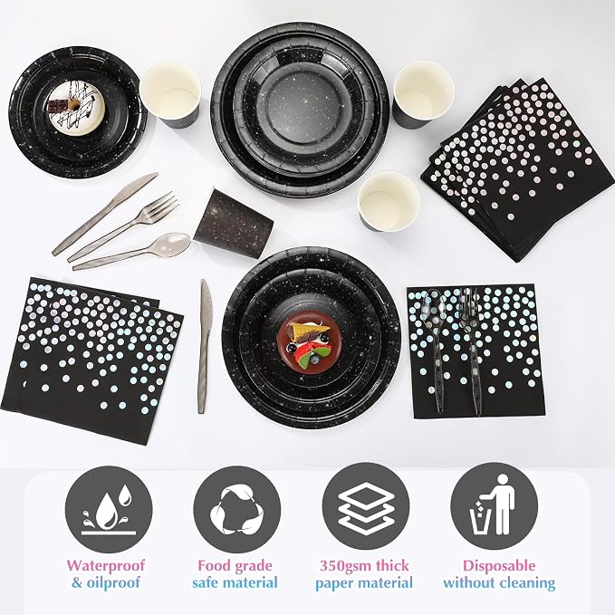 Hushee 175 Pcs 25 Guests Black Paper Party Plates and Cups Napkins Sets Holographic Glitter Disposable Dinnerware Plastic Forks Knives Spoons Birthday Bachelorette Wedding Party Supplies