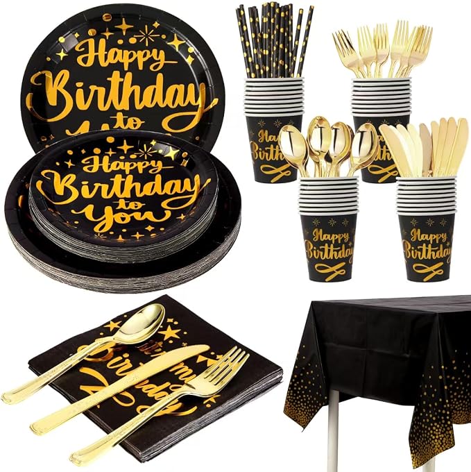 201 Pieces Birthday Plate Set, Birthday Decorations, Includes Paper Plates, Paper Cups, Straws, Napkins, Tablecloths, and Plastic Knives, Forks, and Spoons, Suitable for parties of 25 people!（Black）