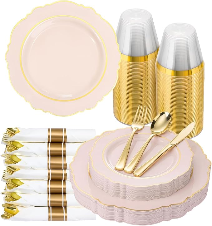realluck 175 Piece Pink Plastic Dinnerware Set for 25 Guests Elegant Disposable Dinnerware for Weddings, Parties, 50 Plastic Plates, 25 Pre Rolled Napkins with Silverware, 25 Cups