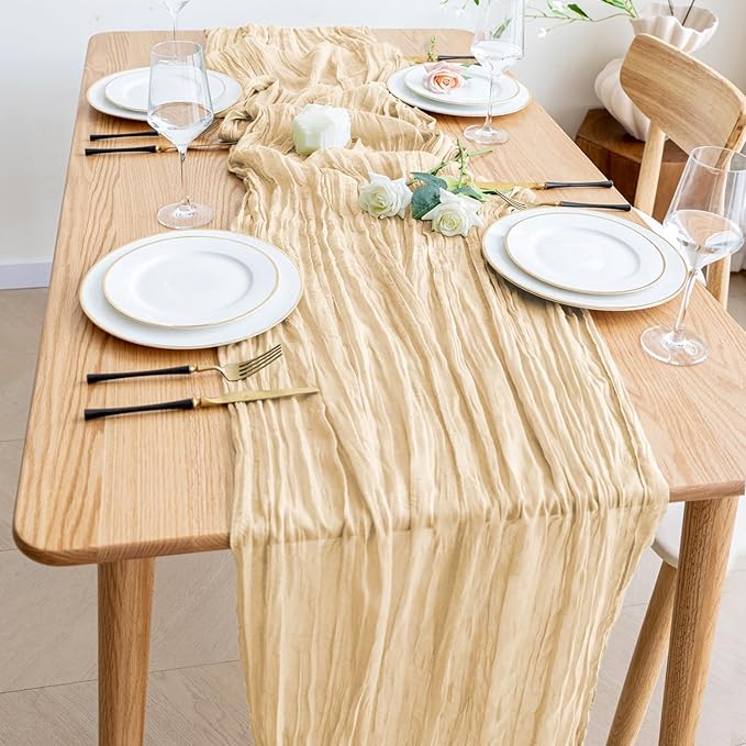 Wokceer Cheesecloth Table Runner 3Pack 10FT Sand Christmas Boho Gauze Cheese Cloth Table Runner for Party Easter Rustic Sheer Table Runners for Baby Bridal Shower Wedding Table Decor
