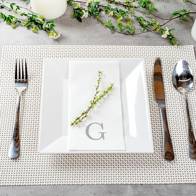 Luxenap 15.8 X 7.9 Inch Linen-Feel Guest Towels, 2000 Lettered Hand Towels - Silver Letter 'G', Sans Serif Font, White Paper Dinner Napkins, airlaid, For Restrooms And Tables - Restaurantware