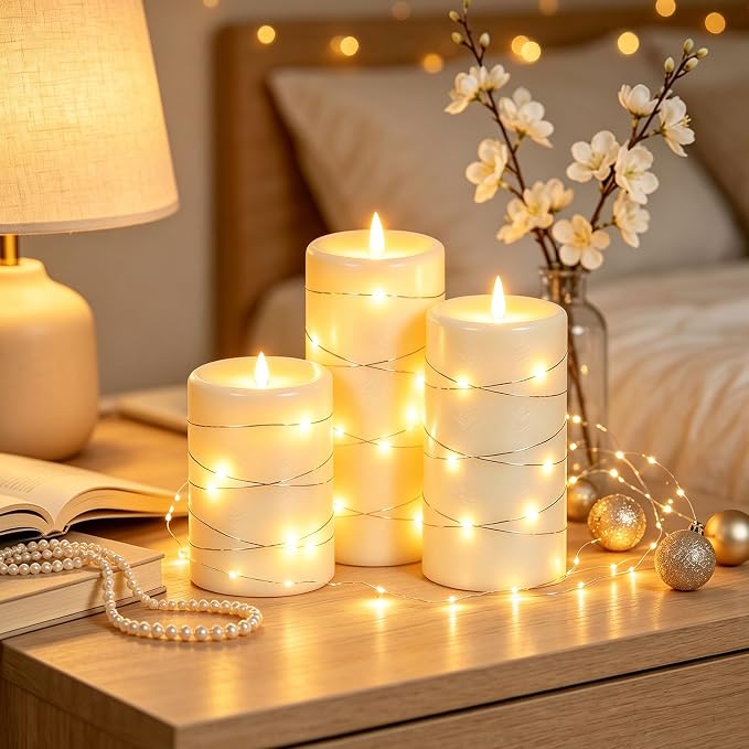 Da by 3 Pack Ivory Real Wax Flameless Taper Candles, Lifelike Flickering LED Flame Candles with Surrounding Fairy String Lights, Soft Warm Battery Candles with Remote for Home Wedding Holiday Decor