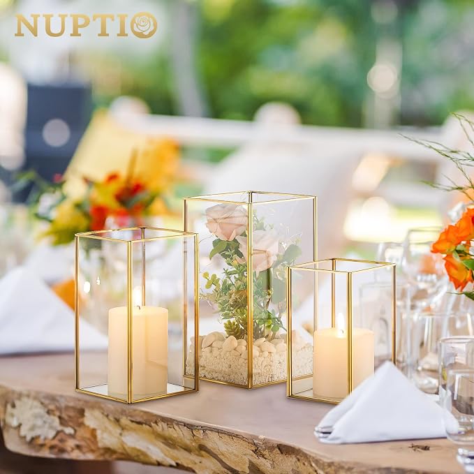 Nuptio Glass Hurricane Candle Holder Set of 18 Gold Pillar Candle Holders Large Rectangular Candleholder Table Centerpieces Decoration for Wedding Party Holiday Home Ornaments 9.5 & 8.1 & 6.5 inch