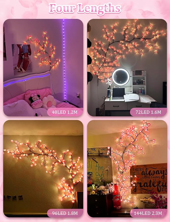 Cherry Blossom Lights for Bedroom Wall Decorations,4 FT 48 LED Cherry Blossom Decor,2026 New Dimmable Light-Up Pink Bedroom Decor with Remote Timer,8 Lighting Modes,Romantic Gifts for Her