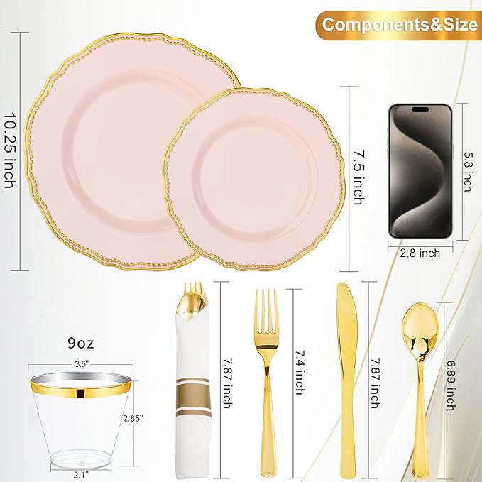 Hioasis 350pcs Pink and gold Plastic Plates - Pink Plastic Dinnerware Set Includes 50 Dinner Plates, 50 Dessert Dinnerware, 50 Cups, 50 Rolled Napkin Cutlery Perfect for Wedding & Mother’s Day