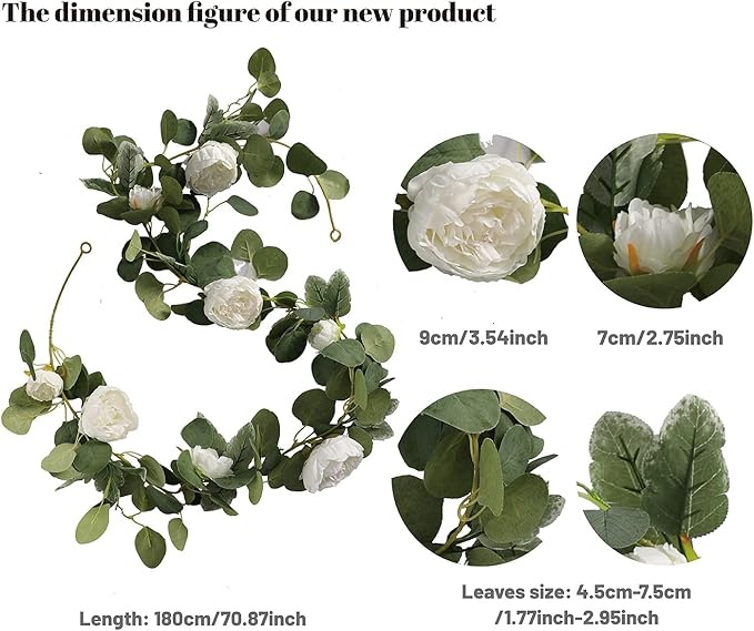 MISSPIN 2pcs Artificial Flowers Garland Spring Eucalyptus Garland Vintage Fake Flower Peony Rose Vine Greenery Decorative Wall Hanging Plant for Wedding Arch Door Arrangement Party Decor (White,2pcs)