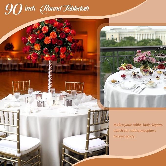 Fani 10 Pack 90 Inch White Round Polyester Tablecloths, Stain & Wrinkle Resistant, Perfect for 5ft to 6ft Round Tables