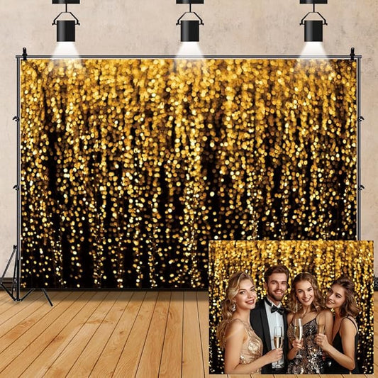 Laeacco 10x8ft Gold Bokeh Backdrop Black and Gold Glitter Bokeh Spots Photography Background for Birthday Wedding Anniversary Graduation Prom Party Cake Table Decoration Banner Photo Booth Props