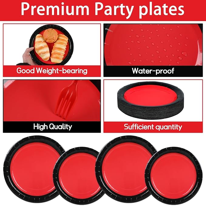 gisgfim 50 Guests Red and Black Party Supplies Decoration Black and Red Birthday Plates and Napkins Forks Red Black Disposable Tableware Red Birthday Party Paper Plates for Boys Girls Party 200PCS