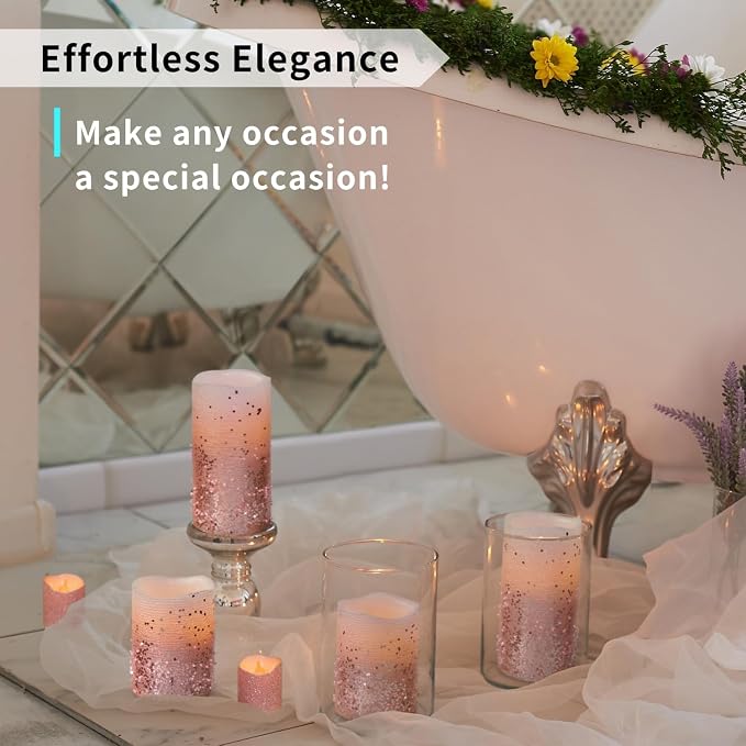 FURORA LIGHTING Pink Glitter LED Candles, 8-Pack Set with Remote & Timer | Includes 4 pillars and 4 votives. Beautiful pink starry glow perfect for bedrooms, vanity tables, and decor.
