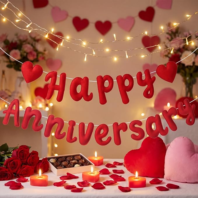 Mindsoft 2 Pcs Pre-Strung 3D Felt Red Happy Anniversary and Heart Garland Banner Reusable Romantic Decorations Happy Anniversary Sign for Wedding Party Decorations Photo Props