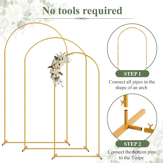Tamodan Metal Arch Backdrop Stand Set of 3 (7.2FT+6.6FT+6FT), Gold Wedding Arch with 12 Ground Nails, Stable Balloon Flower Arch for Wedding Birthday Baby Shower Garden Decor