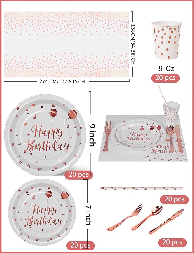 Nkaiso Birthday Party Tableware, 161 Pieces Rosegold Party Supplies, Party Dinnerware Sets Include Paper Plates Napkins Cups Silverware, for Shower Engagement Parties Decoration -20 Serves