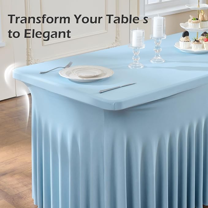NSSONBEN 2 pk Dusty Blue Spandex Tablecloth for 8 Foot Rectangle Tables,Wrinkle Free Fitted Spandex Table Covers 8ft Stretch Table Cloths with Ruffle Skirt for Parties Weddings Banquet Baby Shower