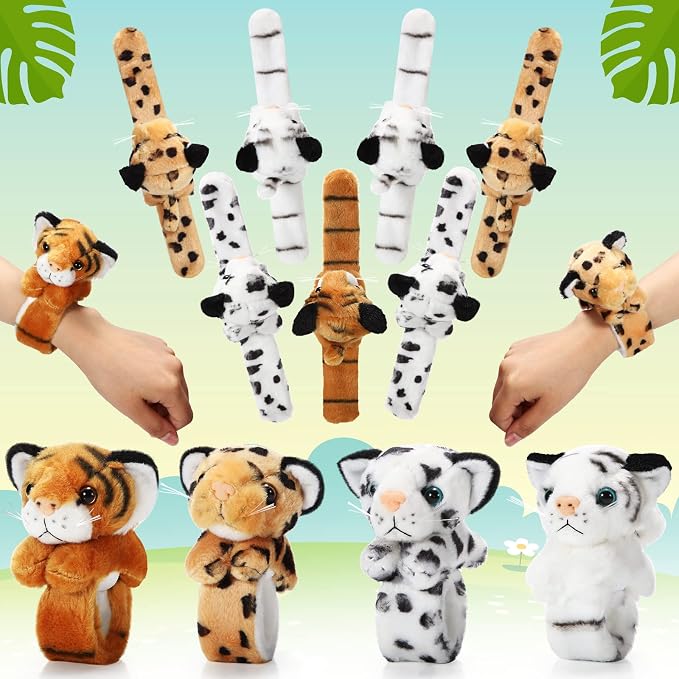 Lenwen 8 Pcs Stuffed Tiger Leopard Animals Slap Bracelets for Kids 8.66 Inch Back to School Plush Animal Bracelets Adopt a Tiger Cheetah Party Favors Wrist Slap Snap Band Toy for Boys Girls Birthday