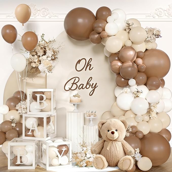 140Pcs Coffee Brown Baby Shower Decorations - Neutral Balloon Arch Garland Kit with 4 Baby Boxes - Mocha Beige Sand Nude Balloons for Teddy Bear Theme, A Baby Is Brewing, Gender Reveal Party
