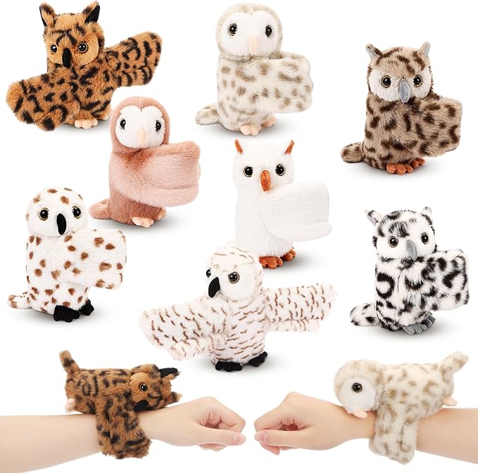 Liliful 8 Pack Kids Plush Gifts Stuffed Animal Cat Slap Bracelets - 8 Inch Back to School Prize Box Toys Wrist Cute Snap Birthday Rewards for Boys Girls Child Pet Adoption Party Favors(Owl)