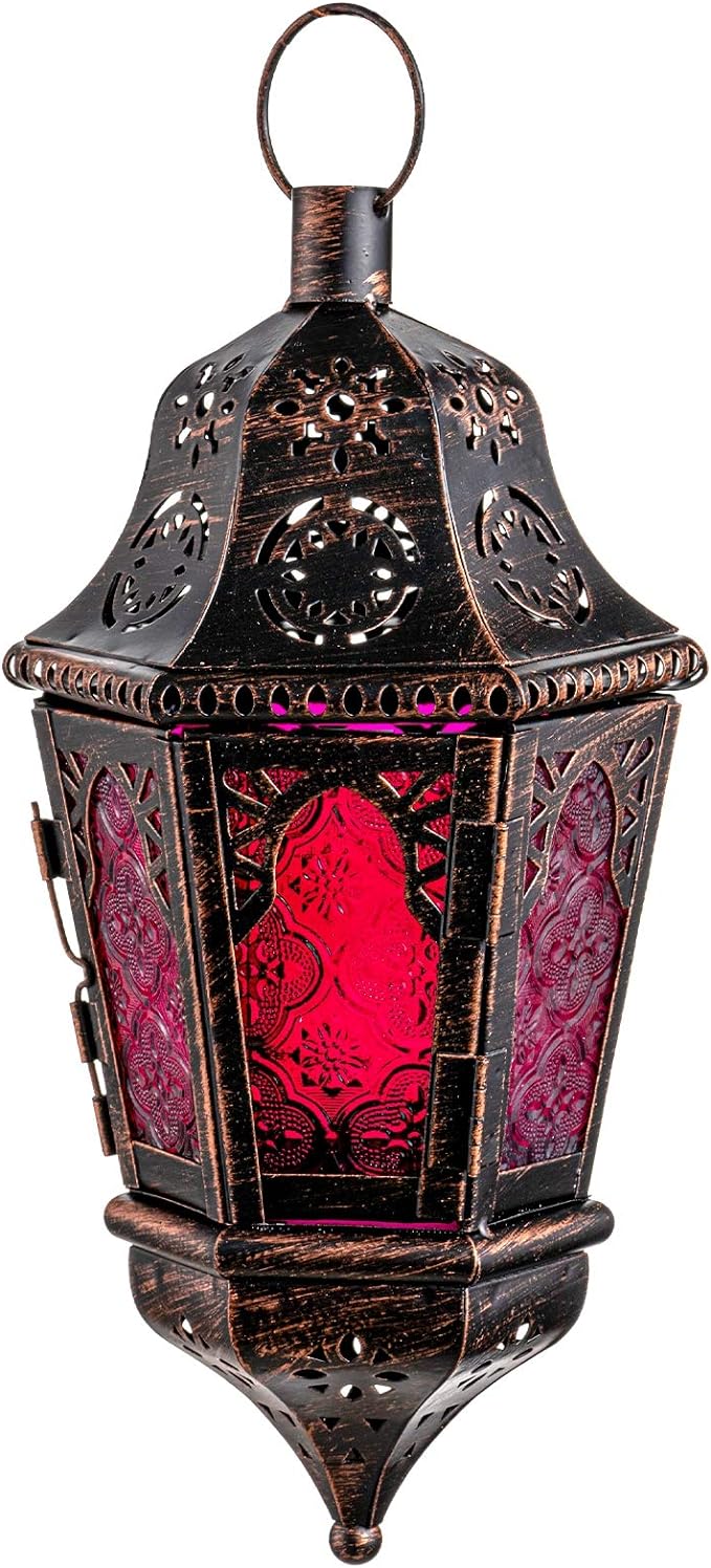 Moroccan Decorations, Lantern Decorative Indoor & Outdoor, 13.6’’ Vintage Decorative Hanging Lantern with Chain for Home Porch Patio Decor, Metal Ramadan Christmas Candle Holders(Plum Red)