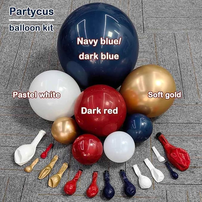 Red White Blue Balloon Arch Double Stuffed, Navy Blue Dark Ruby Red Balloon Garland Kit with Latex Gold for Birthday 4th Of July Patriot Graduation Independence Day Veterans Day Party Decoration