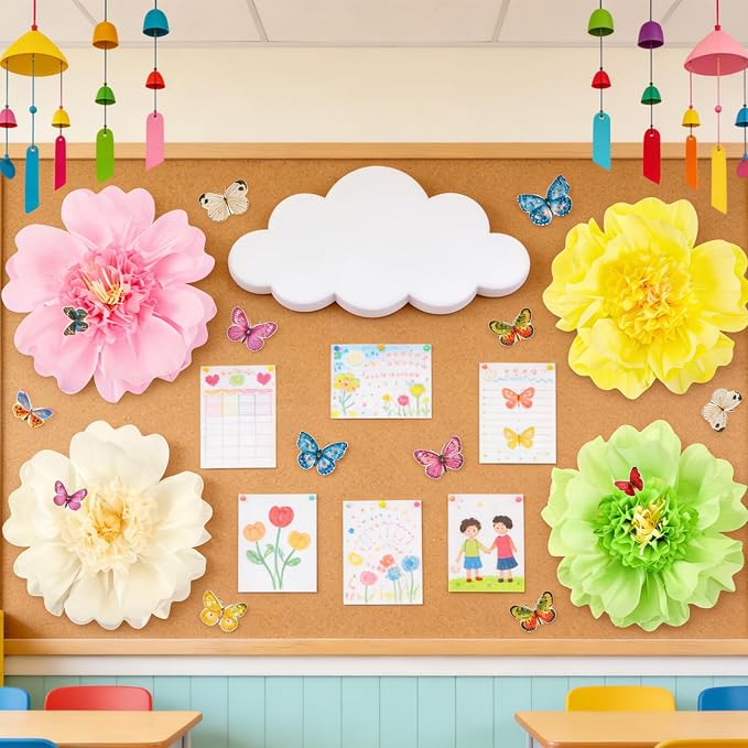 SUNBEAUTY 4 PCS Pastel Paper Flower Decorations 3D Butterflies Stickers Crepe Large Paper Flowers Tissue Paper Flowers for Wall Spring Garden Birthday Baby Shower Tea Easter Party Classroom Wedding