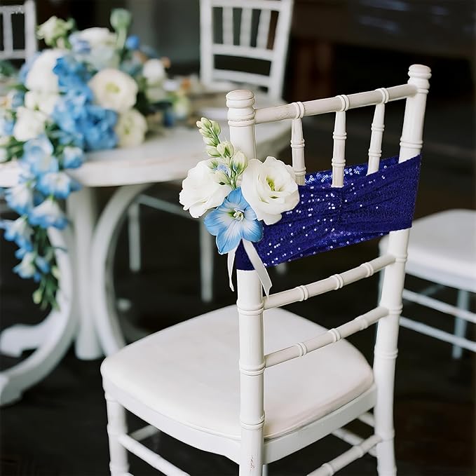 Poise3EHome Sequin Chair Sashes Navy Blue Folding Chair Covers Bow for Wedding Party Reception Decorations, 20 PCS