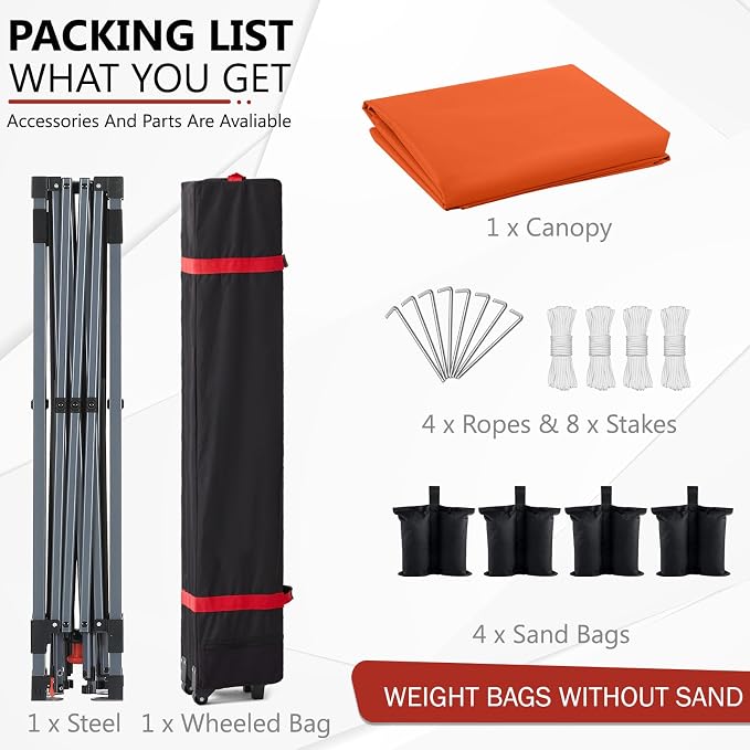 ABCCANOPY Outdoor Pop up Canopy Tent, 10x10 Instant Portable Canopy for Camping, Beach, Backyard,Orange