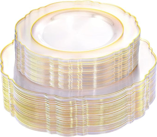 WDF 100pcs Clear Disposable Plastic Plates With Gold Trim - Baroque Clear Gold including 50PCS Dinner Plates 10.25inch and 50PCS Salad Plates 7.5inch for Wedding Baby Shower Spring Birthday