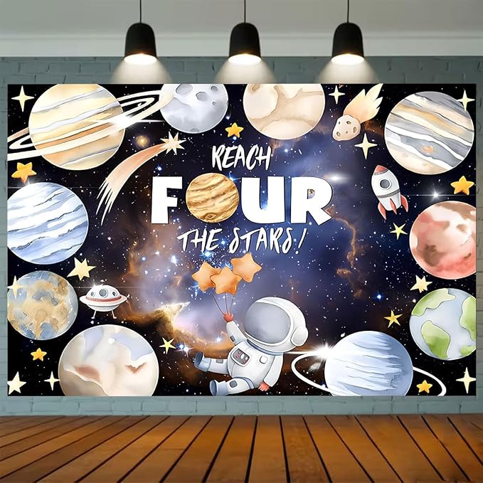 Reach Four The Stars Space Theme Children Birthday Background 4th Birthday Party Kids Astronaut Themed Birthday Party Decoration Boy Girl Birthday Party Photography Decorations Banner (8X6FT)