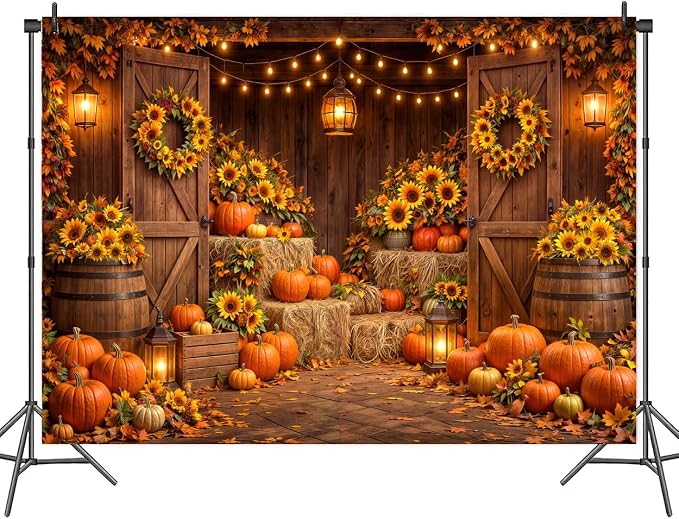 15 x 10 ft Autumn Harvest Barn Backdrop Pumpkin Sunflower Fall Photography Background for Thanksgiving Baby Shower & Birthday Party Photo Booth Studio Props