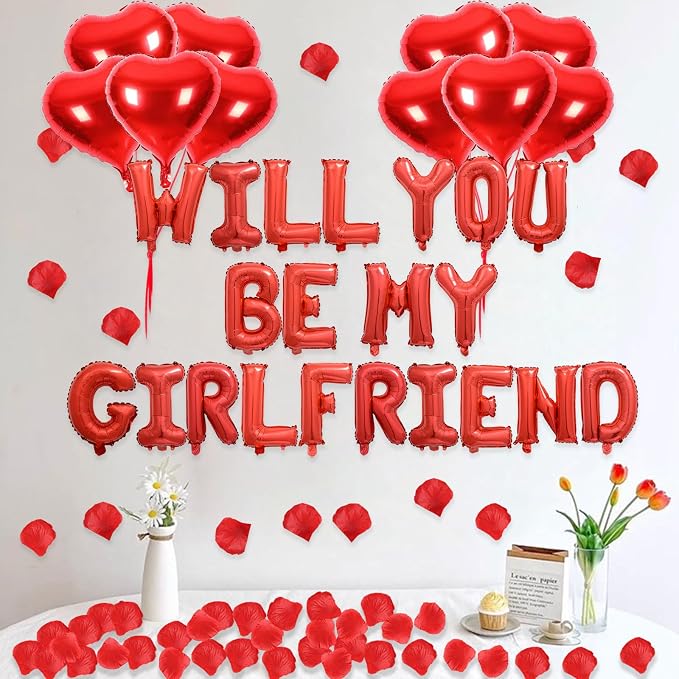2 Set Red Will You Be My Girlfriend Balloons - 42pcs 16" Letter Balloons 1200pcs Red Artificial Rose Petals 10pcs 18" Heart Balloon Alphabet Foil Mylar Balloon for Valentines Day Decorations