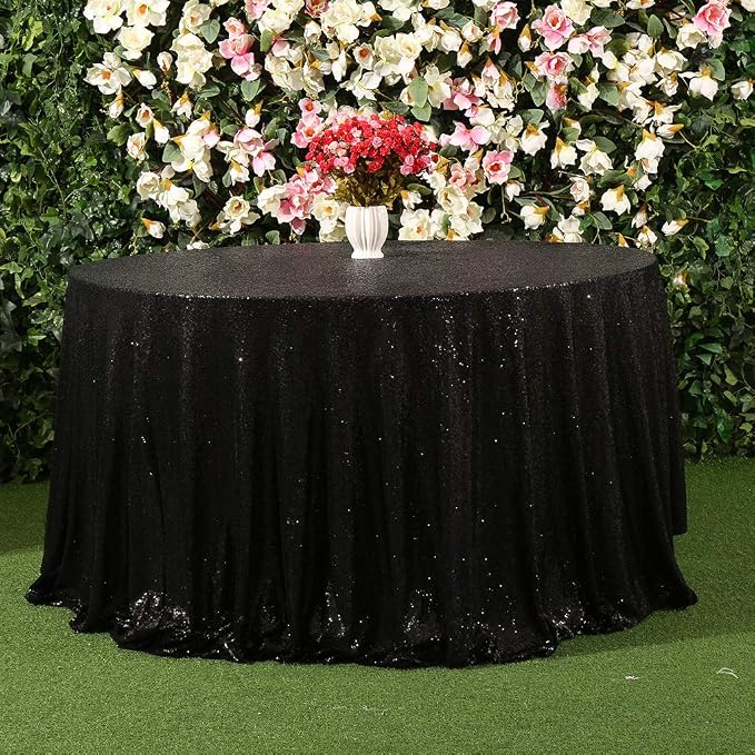 Juya Delight 120-Inch Round Black Sequin Tablecloth for Wedding Birthday Party Festival Ceremony Dessert Table