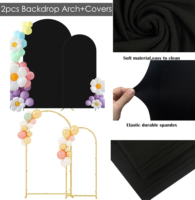 Wedding 6FT/7.2FT Arch Backdrop Stand and Cover Set of 2, Black | Metal Arch Backdrop Stand, High Elasticity Arch Cover, For Wedding Birthday Baby Shower Celebration