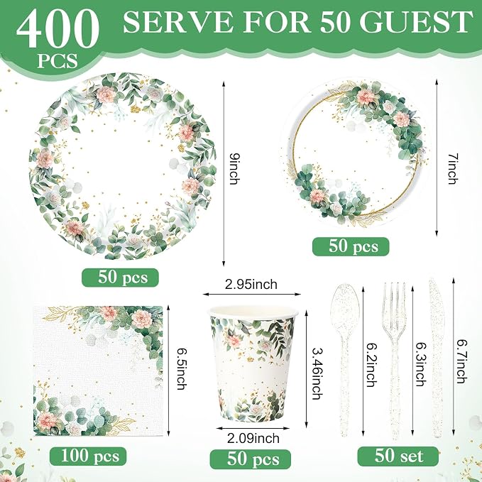400 Pcs Sage Green Color Party Supplies Serve 50 Guests Eucalyptus Flowers Disposable Paper Plates Napkins and Cups for Bridal Baby Shower Birthday Wedding Party Decorations(Green,Elegant)