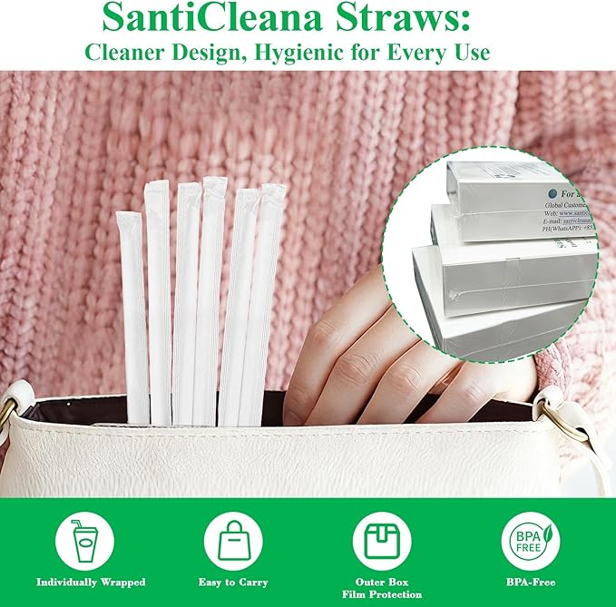 SantiCleana 100 Pack Biodegradable Straws, Individually Wrapped, 8.3", 14℉-185℉, Plant-Based, Straight, White, Compostable, BPA-Free