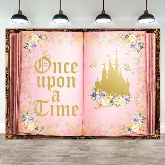 12x6ft Once Upon a Time Backdrop Fairy Tale Book Castle Photography Background Pink Floral Butterfly Princess Birthday Baby Shower Wedding Party Decor Photo Booth Props for Girls Photoshoot