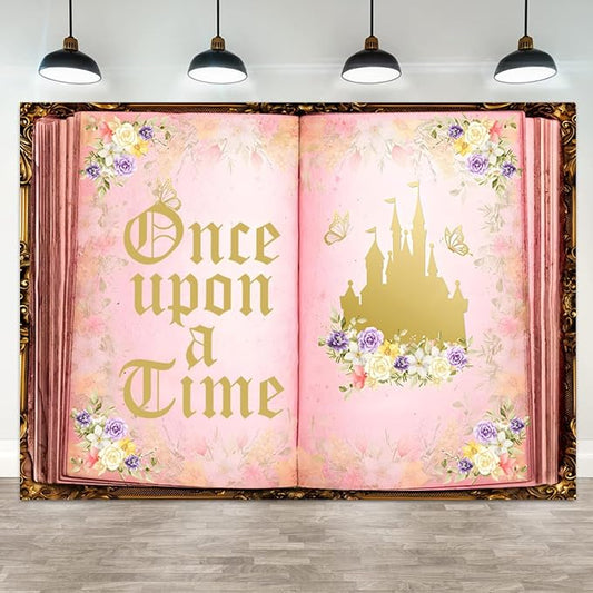 8x4ft Once Upon a Time Backdrop Fairy Tale Book Castle Photography Background Pink Floral Butterfly Princess Birthday Baby Shower Wedding Party Decor Photo Booth Props for Girls Photoshoot