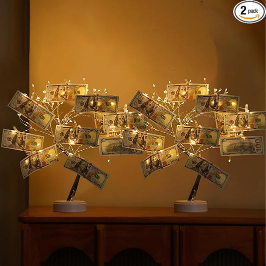 Meonua2-pack Money Tree Gift Holder - 108LED Firefly Lighted Tree with 20 Flash Powder Clips Easter, Wedding, Birthday, Graduation Gift Card & Cash Display USB/Battery Powered