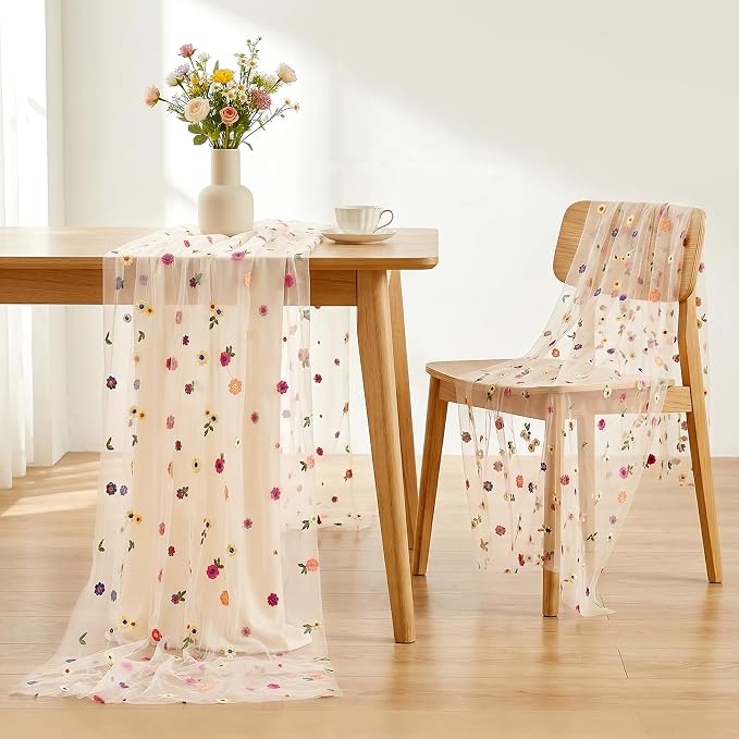 QueenDream Floral Tulle Table Runner 10FT Champagne Embroidery Daisy Spring Summer Table Linens Sheer Gauze Table Fabric Decorations for Home Wedding Tea Party Birthday
