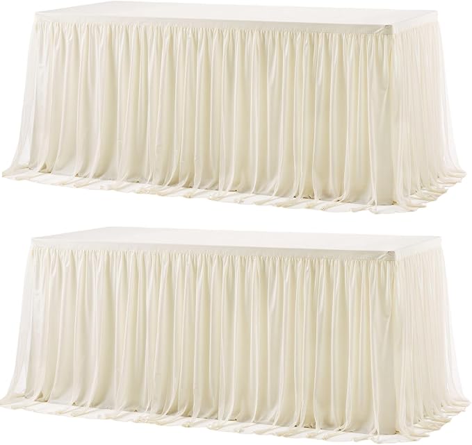 2 Pack 8ft Ivory Tulle Tablecloths for Rectangle Tables, 8 Foot Ivory Rectangular Table Cloth Wrinkle Free Tablecover with Tutu Skirt for Wedding Baby Shower Birthday Party Banquet Buffet Cake