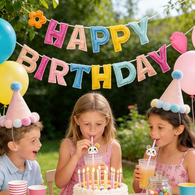 Pastel Pre-Strung 3D Happy Birthday Banner with Strawberry and Flower, Reusable Happy Felt Garland, Rainbow Party Decorations, Personalized Birthday Sign for Girls Womens