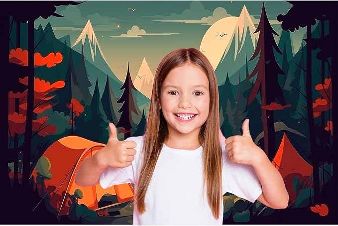 Cartoon Camping Adventure Backdrop Mountain Forest Stream Scenery Outdoor Campfire Photography Background Camper Tent Theme Birthday Party Backdrop Climbing Hiking Backpacks Background 5x3ft