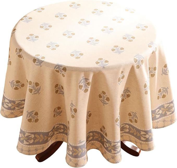 patdrea Vintage French Linen Tablecloth,Round,Diameter 55"-Istana A | Heavyweight Elegant Table Cloth for Round Table,Natural Floral Block Print,for Dining Room Tea Party Thanksgiving