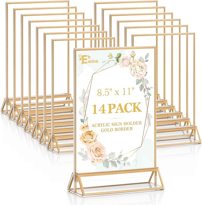 EHWINE 14 Pack 8.5×11 Clear Acrylic Sign Holder with Gold Borders and Vertical Stand, Double Sided Table Menu Holders Picture Frames for Wedding Table Numbers, Restaurant Signs, Photos and Art Display
