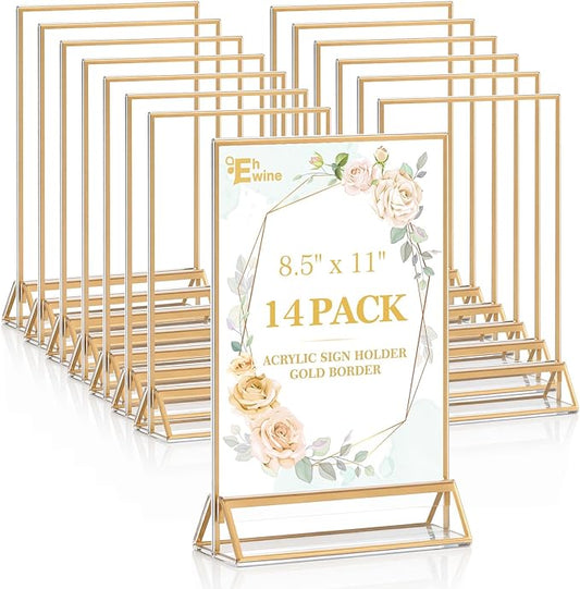 EHWINE 14 Pack 8.5×11 Clear Acrylic Sign Holder with Gold Borders and Vertical Stand, Double Sided Table Menu Holders Picture Frames for Wedding Table Numbers, Restaurant Signs, Photos and Art Display